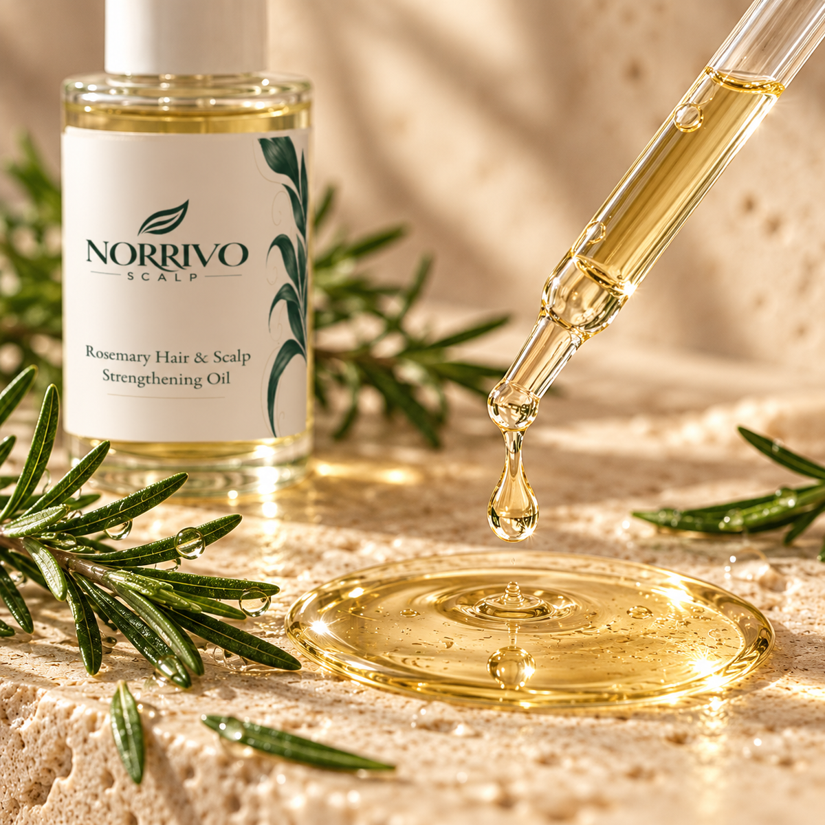 Golden drops of Norrivo Rosemary Scalp Oil