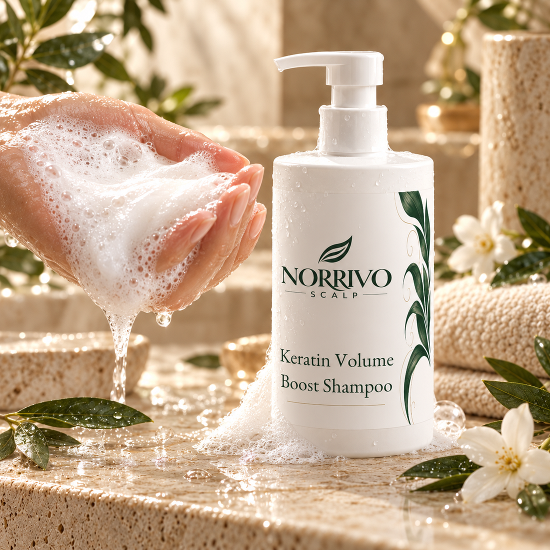 Rich lather of Norrivo rosemary and caffeine shampoo in the hand