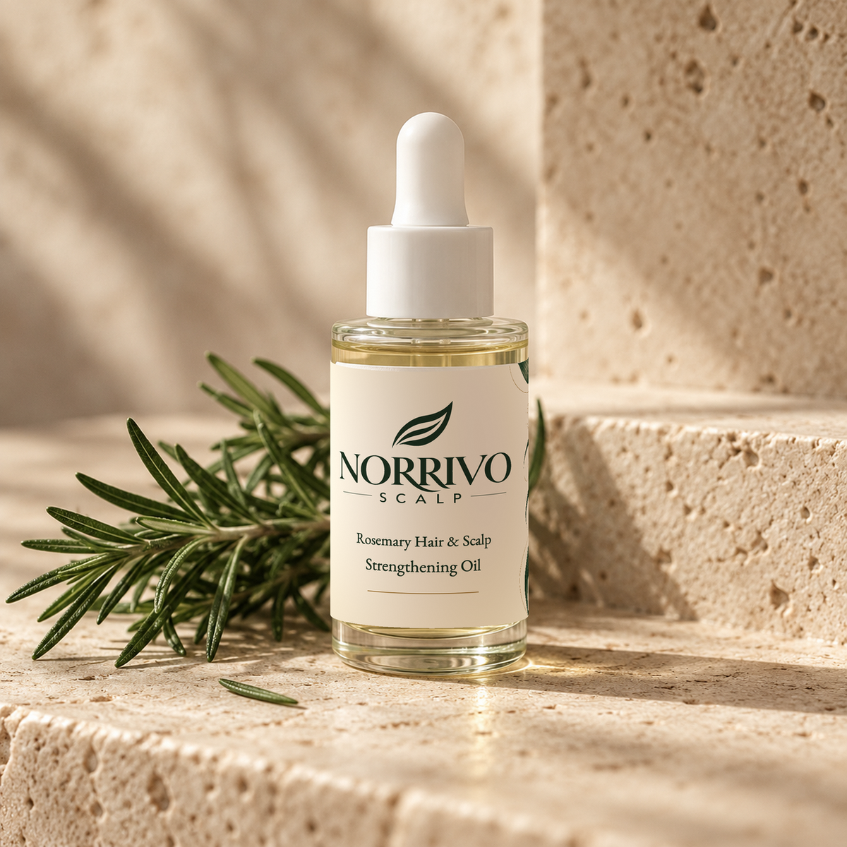 Norrivo Rosemary Scalp Oil 30 ml dropper bottle on travertine with fresh rosemary